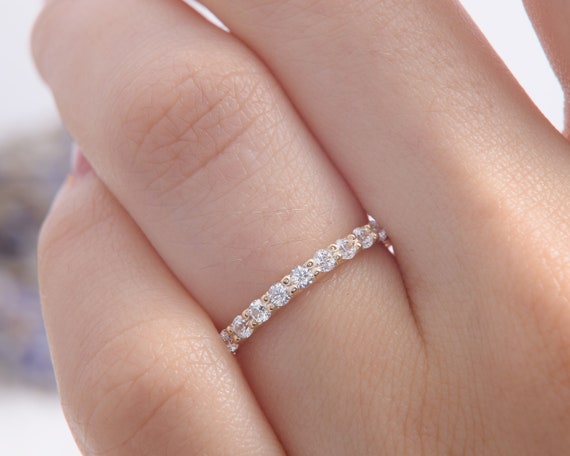 Unique 14k Yellow Gold Half Eternity Womens Wedding Band, Dainty & Simple  White Cz Wedding Band for Her, Minimalist Tiny Wedding Band 