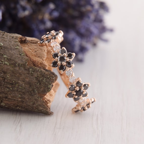 Unique wedding ring, Wedding ring women, Black stone ring, Fine wedding ring, Rose gold ring, Flower ring, Custom wedding band
