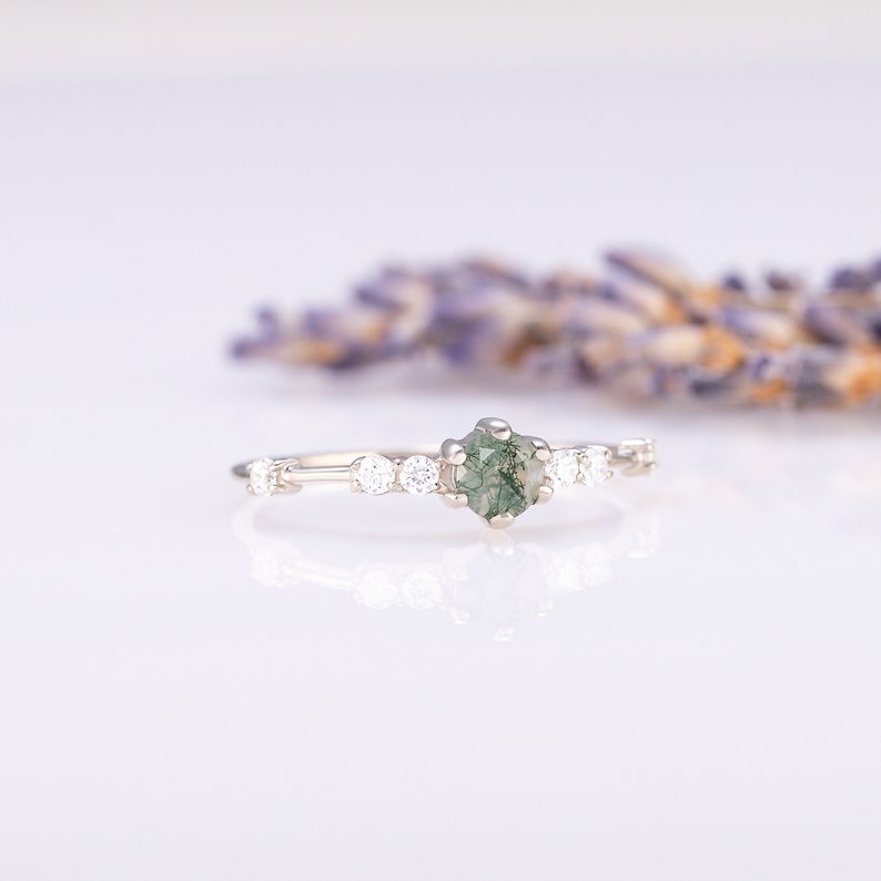 Moss agate silver promise ring for her, Unique moss agate engagement ring, Anniversary ring gift, Gemstone ring, Moss agate wedding ring image 5