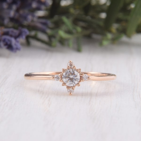 Antique style art deco 14k rose gold white topaz promise ring for her, Small dainty gold engagement ring, Art nouveau snowflake gold ring