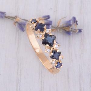 14k solid yellow gold art deco blue sapphire womens wedding band, Unique dainty sapphire wedding band for her, Womens gold sapphire ring