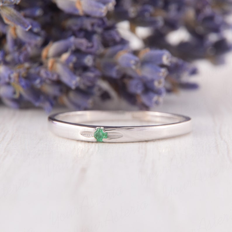 Solitaire ring, Dainty ring, Emerald ring silver, Thin ring, Small ring, Promise ring silver, Minimalist ring, Delicate ring, May birthstone image 4