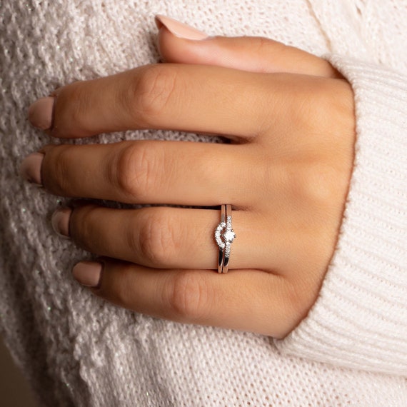 Tiny Minimalist 925 Sterling Silver Engagement Ring Set Dainty
