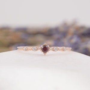 Rose gold tiny & dainty victorian style garnet engagement ring, Womens art deco garnet promise ring, Small minimalist garnet wedding ring image 8