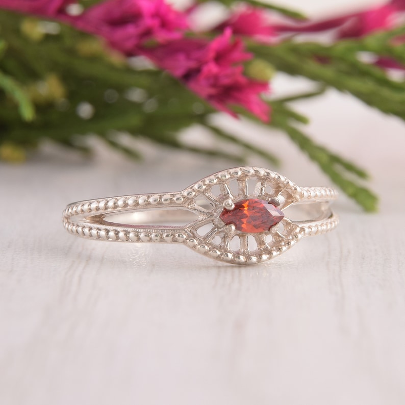 Womens Dainty Silver Ring Unique Womens Garnet Ring Art Deco Silver Promise Ring Marquise Ring Red Stone Ring Silver Garnet Ring