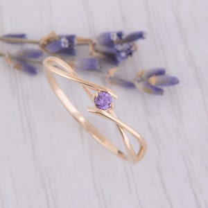 14k yellow gold celtic style amethyst promise ring for her, Unique womens small & dainty promise ring, Womens amethyst gold ring