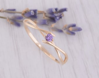 14k yellow gold celtic style amethyst promise ring for her, Unique womens small & dainty promise ring, Womens amethyst gold ring