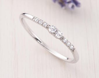 Minimalist Delicate 925 Sterling Silver CZ Promise Ring, Dainty Thin Engagement Ring
