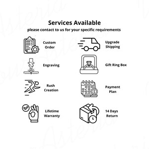 May include: A black and white illustration of various services offered, including custom orders, engraving, rush creation, lifetime warranty, upgrade shipping, gift ring box, payment plan, and 14-day returns.
