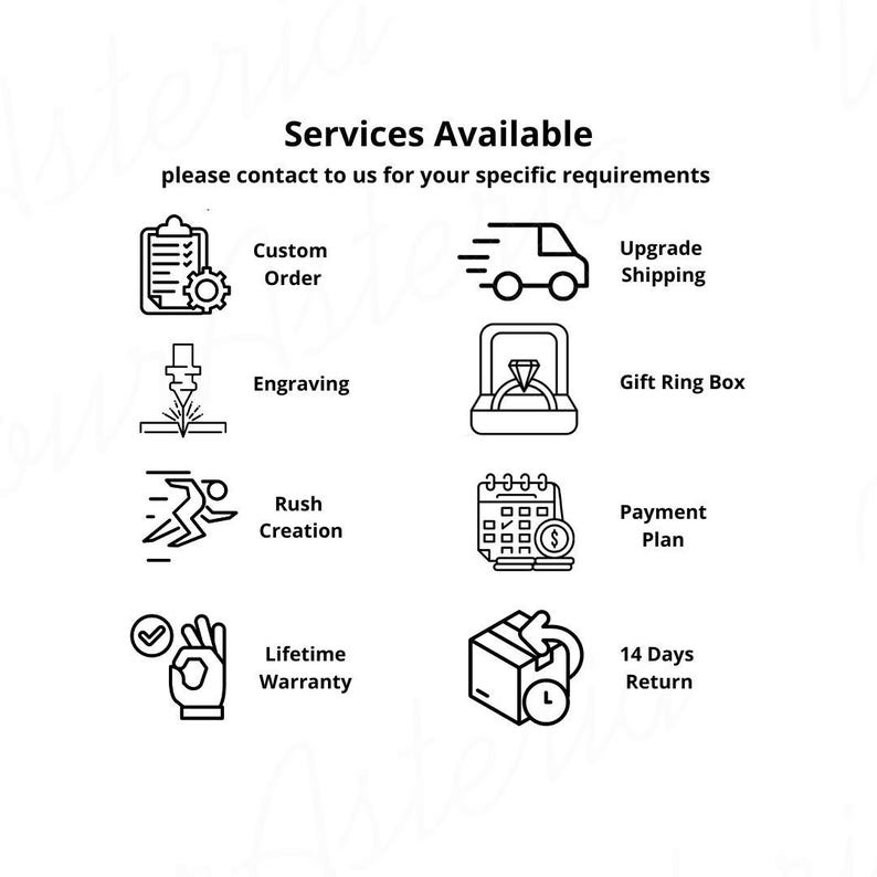 May include: A black and white illustration of various services offered, including custom orders, engraving, rush creation, lifetime warranty, upgrade shipping, gift ring box, payment plan, and 14-day returns.