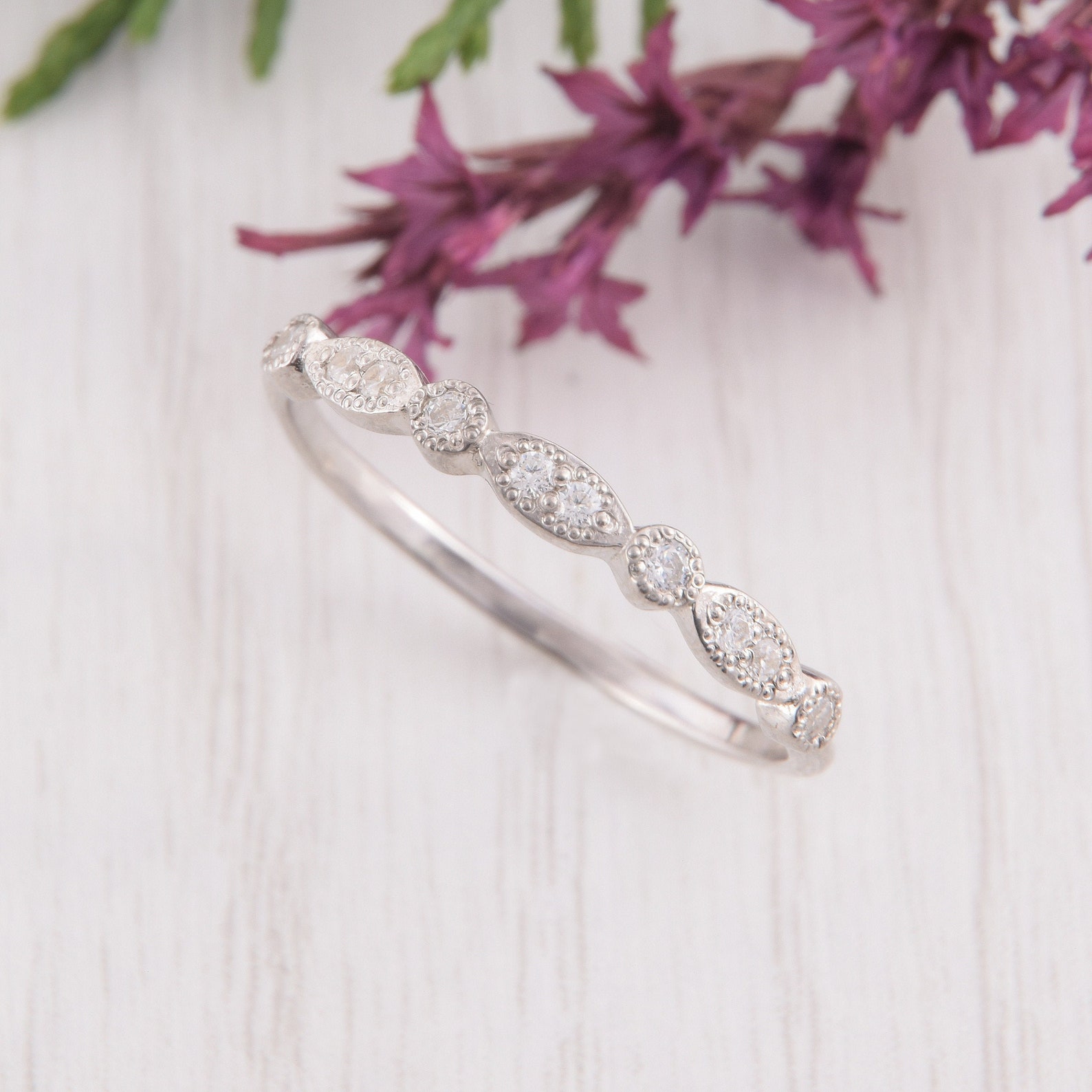 Dainty Wedding Band, Half Eternity Ring, Womens Wedding Band, Art Deco
