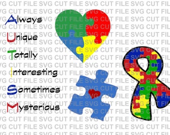 SVG Cut File 4pc Set Autism Awareness Ribbon Heart~Silhouette Cut File~Cameo Cut File~Cricut Cut File ~Single Layer~ Vinyl, Tshirts, Clipart
