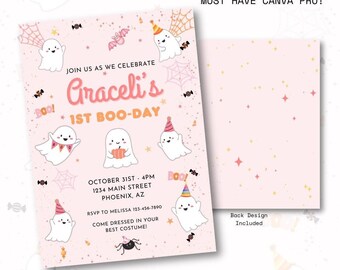 Bearbeitbare erste Geburtstag Boo Tag süße Geister rosa Halloween druckbare Einladung