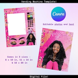 May include: A pink and gold digital photo booth template with a vending machine design. The template features a photo frame with the text "Happy Birthday" and a keypad with numbers. The template also includes a makeup theme with eyeshadow, lipstick, and brushes. The template is available in three sizes: 8 x 10 inches, 11 x 14 inches, and 16 x 20 inches.