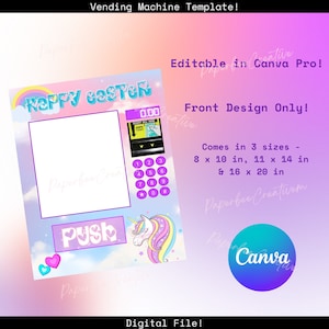 May include: A printable template for a vending machine design featuring a unicorn and the text "Happy Easter". The design is editable in Canva Pro and comes in three sizes: 8 x 10 inches, 11 x 14 inches, and 16 x 20 inches.