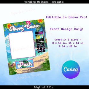 May include: A digital printable template for a vending machine design featuring a tropical beach scene with palm trees, a sandy beach, and the text "Happy Easter". The template is editable in Canva Pro and comes in three sizes: 8 x 10 inches, 11 x 14 inches, and 16 x 20 inches.