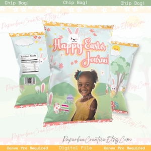 May include: A printable chip bag design featuring a pastel blue and green background with a bunny rabbit, flowers, and the text "Happy Easter Journey". A photo of a young girl is in the center of the design.