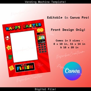 May include: A red and yellow printable photo booth prop template with the text "HAPPY EASTER" and "FINISH" in a video game style. The template is designed to look like a vending machine with a blank space for a photo.