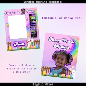 May include: A digital Easter-themed vending machine template with the text "Hoppy Easter Maliya". The design includes a vending machine graphic, Easter eggs, a bunny, and the text "Push". Available in 22.86 x 27.94 cm, 30.48 x 40.64 cm, and 40.64 x 50.8 cm sizes.