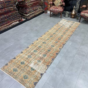 Minimalist Floral Blue Rug, Antique Runner Rug,Brown Runner Rug, 85x324 cm / 2.7x10.6 ft, Oriental Rug, Hallway Rug, Bohemian Runner Rug