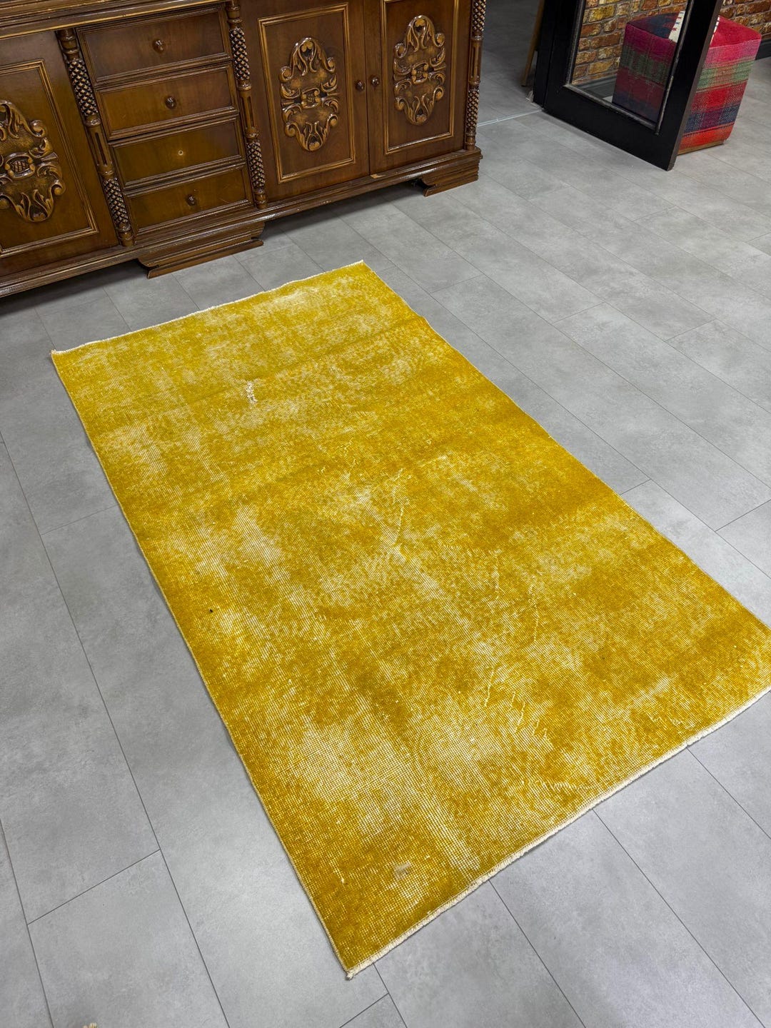 イエロー　ヴィンテージラグ　オーバーダイ　トルコラグ トルコヴィンテージラグ 120×205 レモンイエロー オーバーダイ