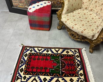 Entry Rug,Handwoven Vintage Turkish Welcome Mat, Turkish Doormat, Mini Doormat Carpet, Wool Doormat,Red Small Rug /2.2x3.5ft Muted Entry Rug