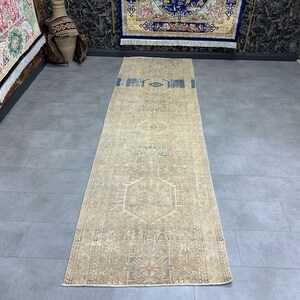 Vintage Pastel Blue Runner Rug, Nomadic Brown Pastel Vintage Runner Rug, 92x301cm / 3x9.8ft, Wool Runner Rug, Nomadic Oriental Runner Rug