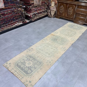 Faded Area Runner Rug,Beige Pastel Runner Rug, Anatolian Runner Rug,Hallway Rug /2.9x10.6ftFaded Runner For Kitchen Entry Runner Wool Runner
