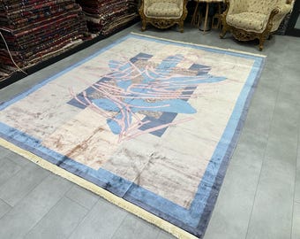 Turkish Blue Beige Pastel Large Rug,248x305cm/8.1x10ft, Anatolian Silk Rug, Bamboo Silk Rug, Carpet Silk Rug, Boho Decor Silk Large Rug