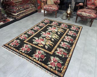 Bohemian Floral Vintage Rug, Oushak Rug, Traditional Rug, 150x195cm/4.9x6.3ft, Area Rug, Oriental Vintage Rug, Turkish Rug, Turkish Carpet