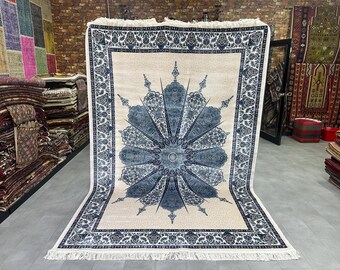Turkish Blue Beige Pastel Large Rug,200x300/6.6x9.9ft, Anatolian Silk Rug, Bamboo Silk Rug, Carpet Silk Rug, Boho Decor Silk Large Rug