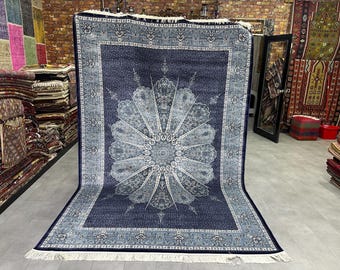 Turkish Navy Blue Silk Large Rug,200x300cm/6.6x9.9ft, Anatolian Silk Rug, Bamboo Silk Rug, Carpet Silk Rug, Boho Decor Silk Large Rug