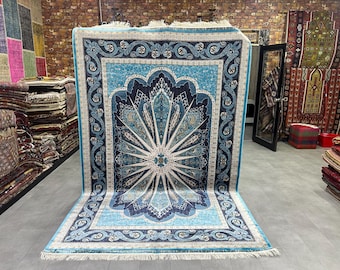 Turkish Blue Beige Pastel Large Rug,200x303cm/6.6x9.9ft, Anatolian Silk Rug, Bamboo Silk Rug, Carpet Silk Rug, Boho Decor Silk Large Rug