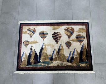 Inspired of Cappadocia,a region in Turkey Silk Rug, 70x90cm / 2.2x2.9ft, Anatolian Silk Rug, Bamboo Silk Entry Rug, Entry Silk Rug