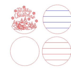 May include: Four different designs for a Christmas ornament. The first design features a black silhouette of a winter village with the text "Merry Christmas" in a black cursive font. The second design features a red silhouette of a winter village with the text "Merry Christmas" in a red cursive font. The third design features a circle with five blue horizontal lines. The fourth design features a circle with five red horizontal lines.
