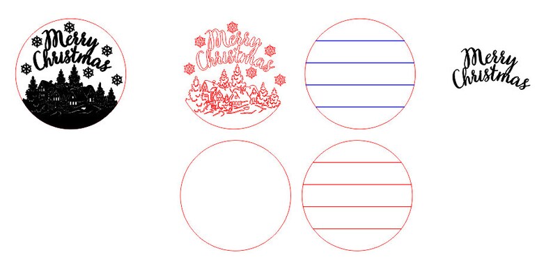 May include: Four different designs for a Christmas ornament. The first design features a black silhouette of a winter village with the text "Merry Christmas" in a black cursive font. The second design features a red silhouette of a winter village with the text "Merry Christmas" in a red cursive font. The third design features a circle with five blue horizontal lines. The fourth design features a circle with five red horizontal lines.