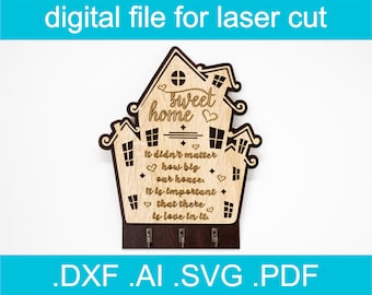 Laser Cut Files SVG Key Holder Sweet Home • Laser Cut Project Key Sign • Glowforge • Xtool d1 • Lightburn • CNC • Vector Graphics