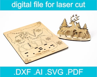 3D Puzzle Christmas Card With Deer SVG • Laser Cut File • Glowforge • Xtool d1 • Lightburn • CNC • Vector Graphics
