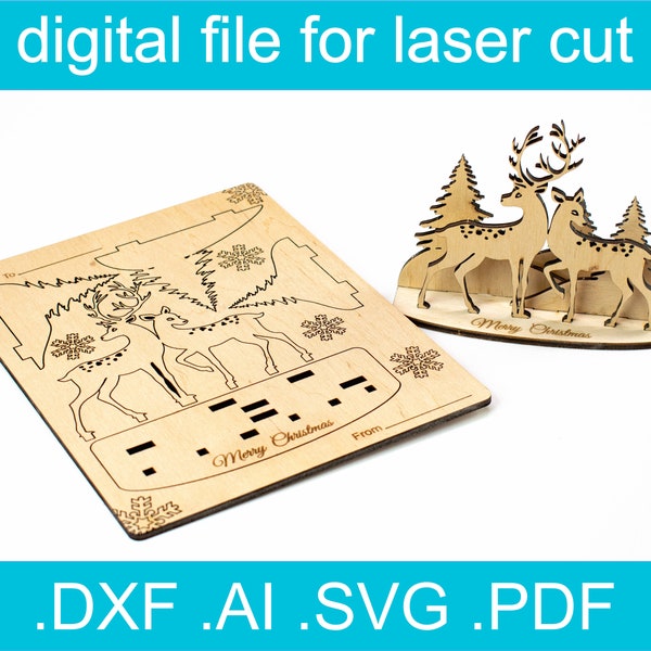 3D Puzzle Christmas Card With Deer SVG • Laser Cut File • Glowforge • Xtool d1 • Lightburn • CNC • Vector Graphics