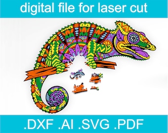 Laser Cut Files Puzzle Chameleon | Glowforge Project | Cnc Files For Wood |  Glowforge SVG File | Glowforge Idea | Cnc Plans | Wooden Puzzle