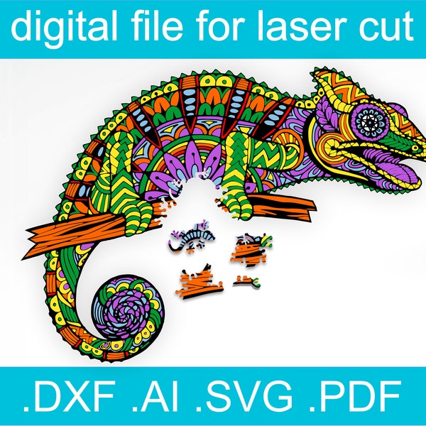 Laser Cut Files Puzzle Chameleon | Glowforge Project | Cnc Files For Wood |  Glowforge SVG File | Glowforge Idea | Cnc Plans | Wooden Puzzle