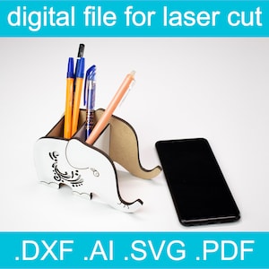 Suporte para celular com corte a laser, arquivo elefante • Suporte para celular SVG • Porta-lápis • Xtool d1 • Glowforge • Lightburn • Gráfico vetorial
