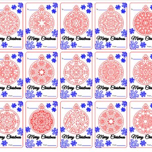May include: Ten printable Christmas gift tags featuring a red snowflake ornament design with blue snowflake accents. The tags have space for writing "To" and "From". The text "Merry Christmas" is printed on each tag.