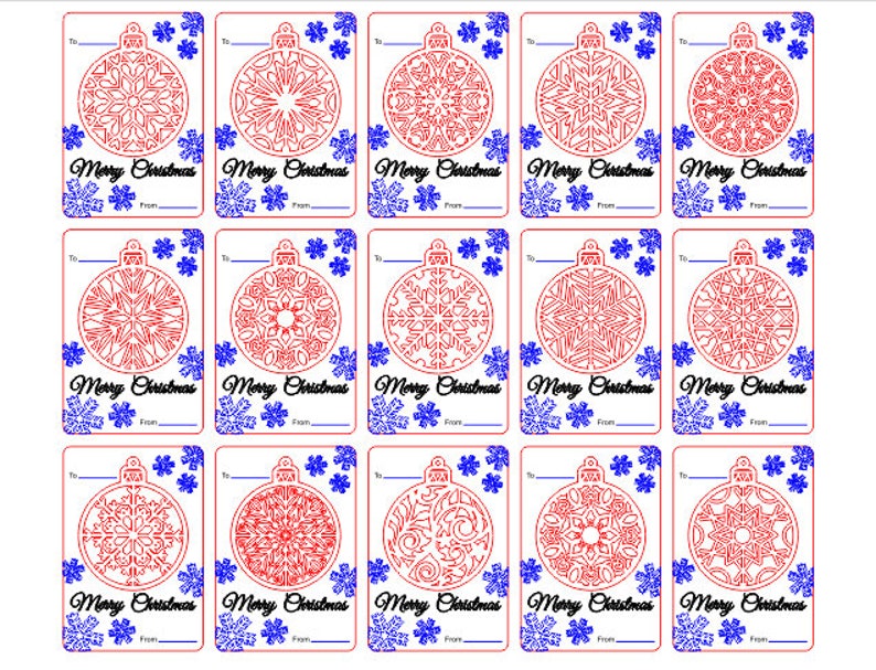 May include: Ten printable Christmas gift tags featuring a red snowflake ornament design with blue snowflake accents. The tags have space for writing "To" and "From". The text "Merry Christmas" is printed on each tag.