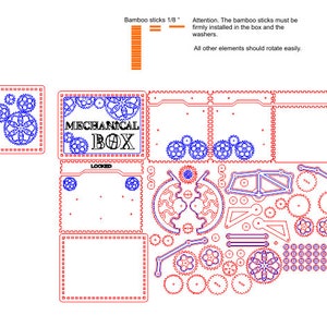 May include: Laser-cut wooden mechanical box components with gears and the text "MECHANICAL BOX". Includes instructions for assembly, with bamboo sticks measuring 1/8 inch. All elements should rotate easily.