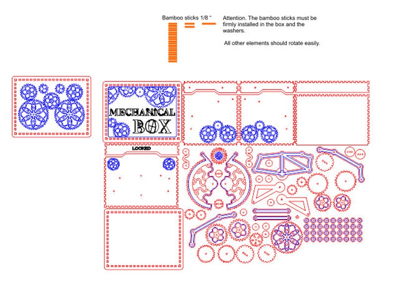 May include: Laser-cut wooden mechanical box components with gears and the text "MECHANICAL BOX". Includes instructions for assembly, with bamboo sticks measuring 1/8 inch. All elements should rotate easily.