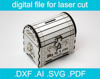 Laser Cut Files - Coin bank, Glowforge Files, Piggy Bank, Treasure Chest SVG, Svg Files, Laser Cut Box, Wooden Box, Lasercut