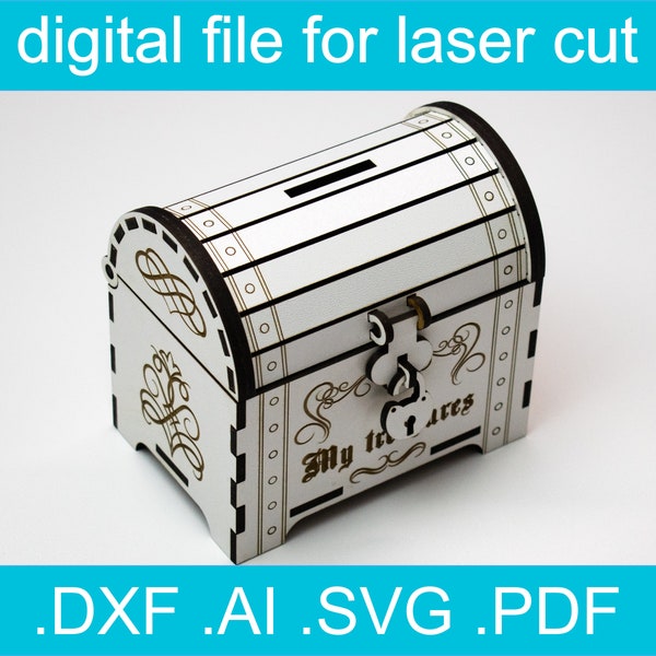 Laser Cut Files - Coin bank, Glowforge Files, Piggy Bank, Treasure Chest SVG, Svg Files, Laser Cut Box, Wooden Box, Lasercut