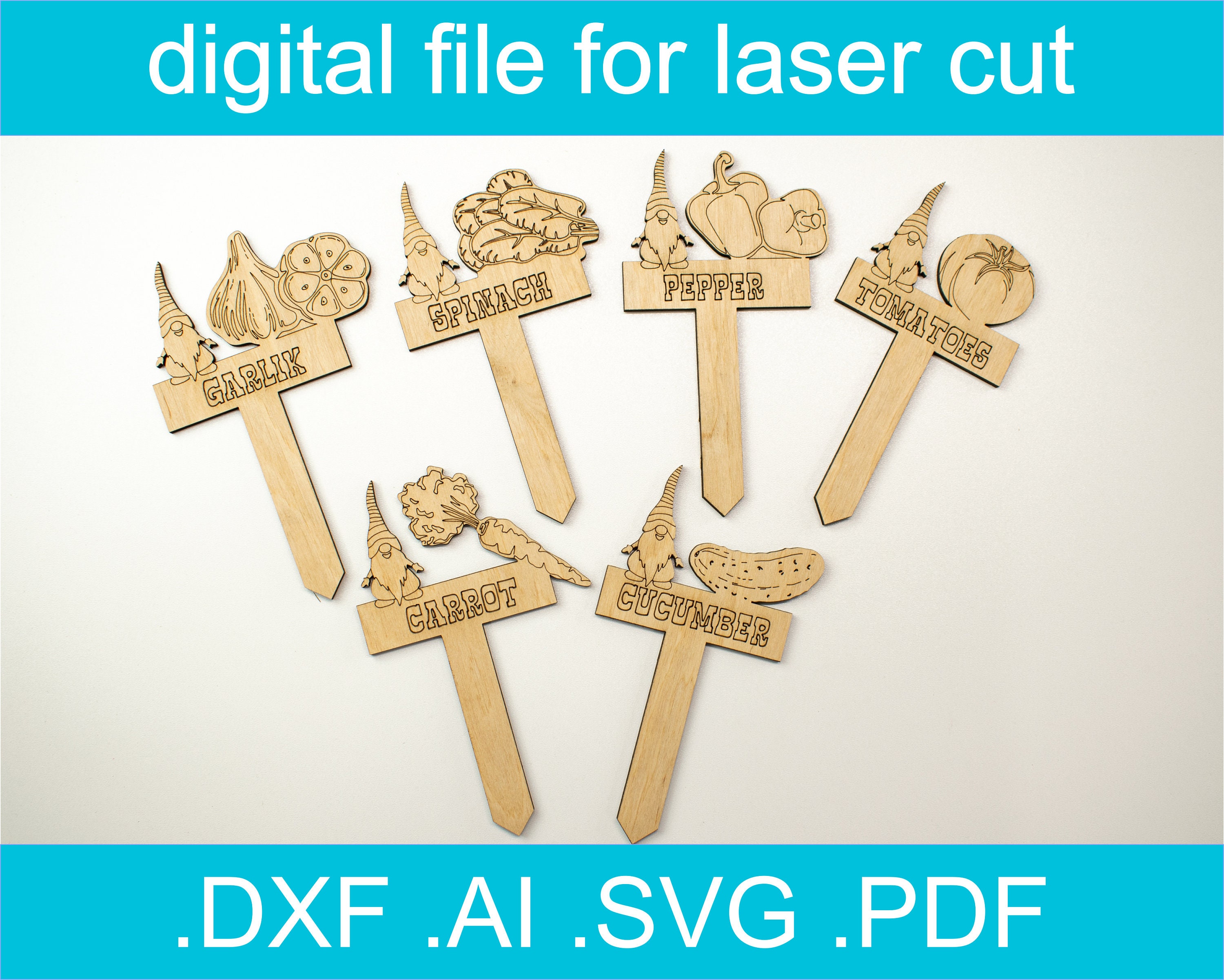Garden Markers SVG Laser Cut File Bundle 10 designs | Garden Gnome | Plant Markers Svg | Cnc Projects For Wood | Lightburn Files, NGLN