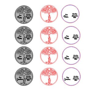 May include: Set of ten round wood-burned ornaments with a tree of life design. The ornaments are in two colors: black and red. The ornaments have a quote about a mother and grandmother.